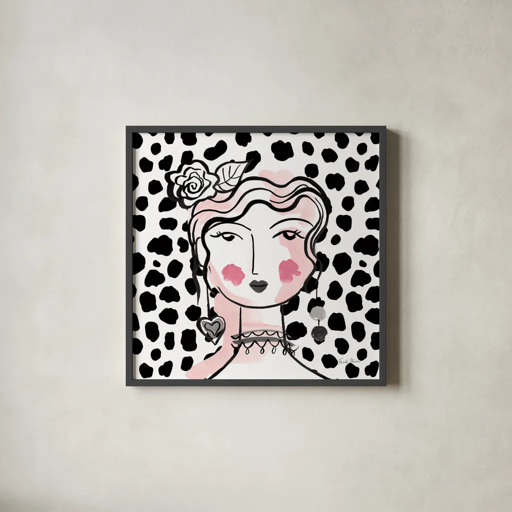 Pretty Faces II Pink by Farida Zaman. Shown in a sleek black glass frame for a contemporary gallery look. Available as an archival giclee rolled canvas, fine art paper, or poster print. SKU 67612a.