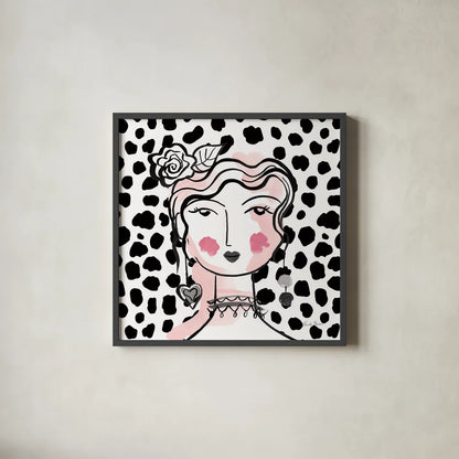 Pretty Faces II Pink by Farida Zaman. Shown in a sleek black glass frame for a contemporary gallery look. Available as an archival giclee rolled canvas, fine art paper, or poster print. SKU 67612a.