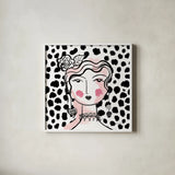 Pretty Faces II Pink by Farida Zaman. Shown in a crisp white glass frame for a clean and minimalist style. Available as an archival giclee rolled canvas, fine art paper, or poster print. SKU 67612a.