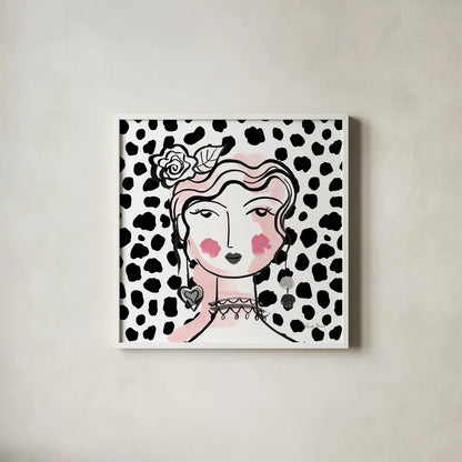 Pretty Faces II Pink by Farida Zaman. Shown in a crisp white glass frame for a clean and minimalist style. Available as an archival giclee rolled canvas, fine art paper, or poster print. SKU 67612a.