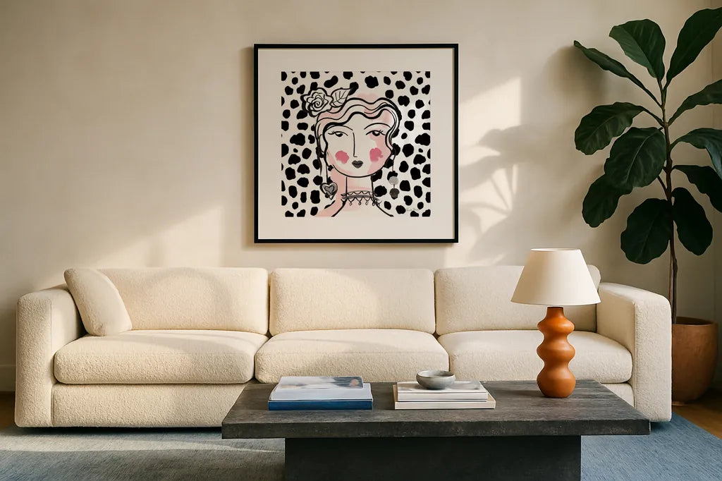 Pretty Faces II Pink by Farida Zaman. Displayed in a glass frame with matte in a clean modern living room. Available as an archival giclee rolled canvas, fine art paper, or poster print. SKU 67612a.