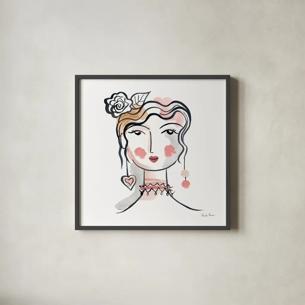 Pretty Faces II Soft by Farida Zaman. Shown in a sleek black glass frame for a contemporary gallery look. Available as an archival giclee rolled canvas, fine art paper, or poster print. SKU 71609a.