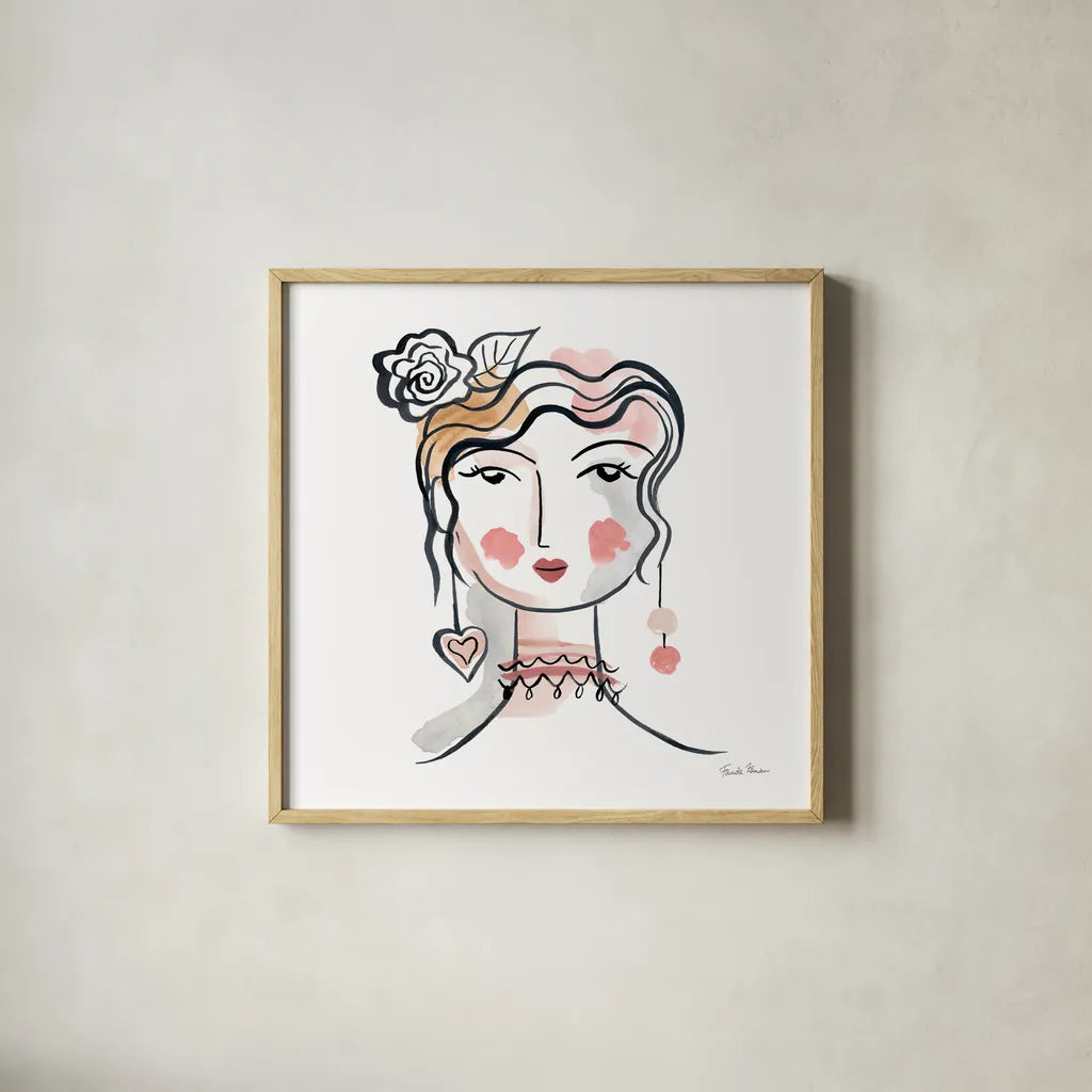 Pretty Faces II Soft by Farida Zaman. Shown in a natural wood glass frame for a timeless modern aesthetic. Available as an archival giclee rolled canvas, fine art paper, or poster print. SKU 71609a.