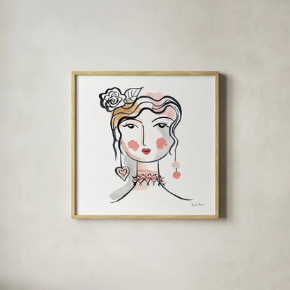 Pretty Faces II Soft by Farida Zaman. Shown in a natural wood glass frame for a timeless modern aesthetic. Available as an archival giclee rolled canvas, fine art paper, or poster print. SKU 71609a.
