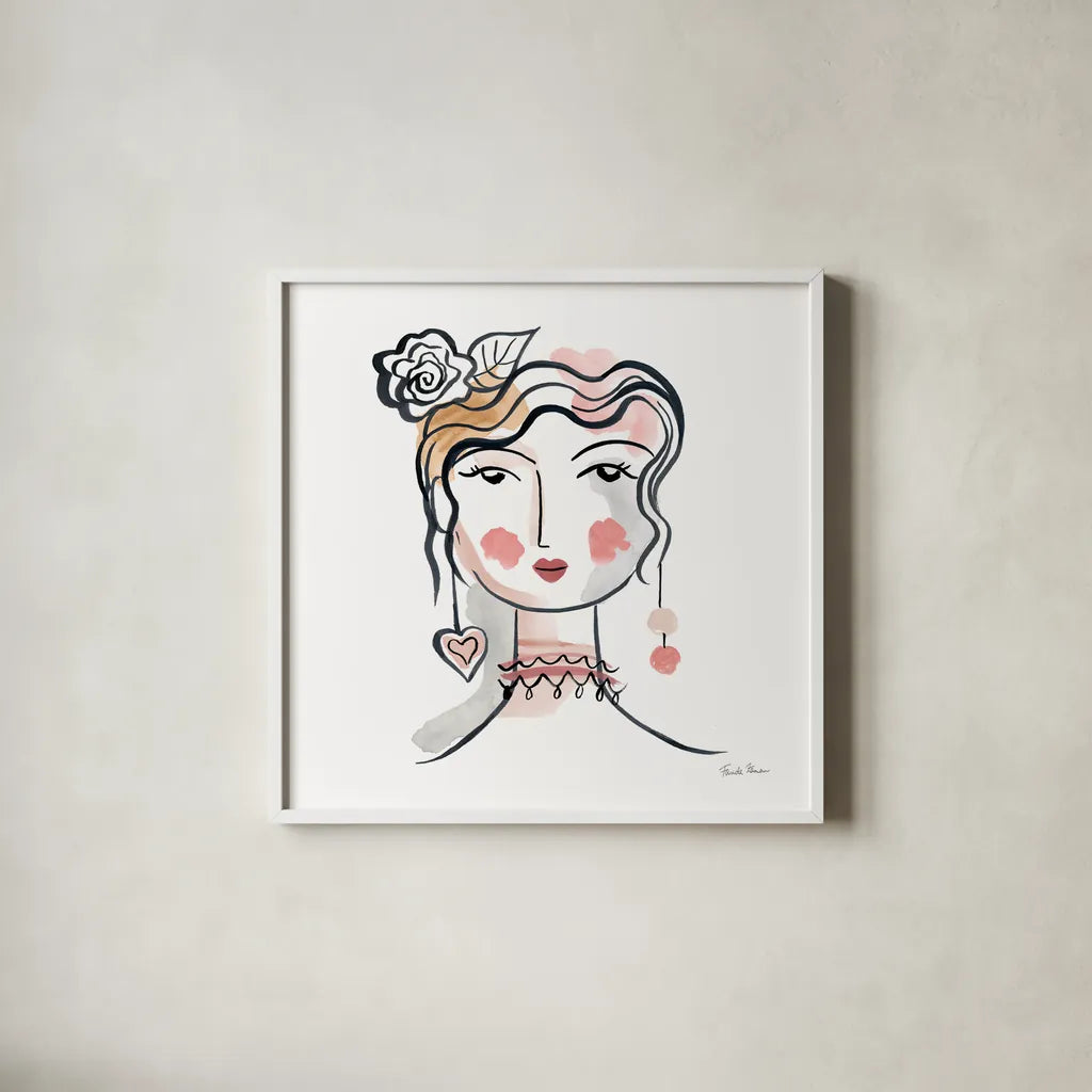 Pretty Faces II Soft by Farida Zaman. Shown in a crisp white glass frame for a clean and minimalist style. Available as an archival giclee rolled canvas, fine art paper, or poster print. SKU 71609a.