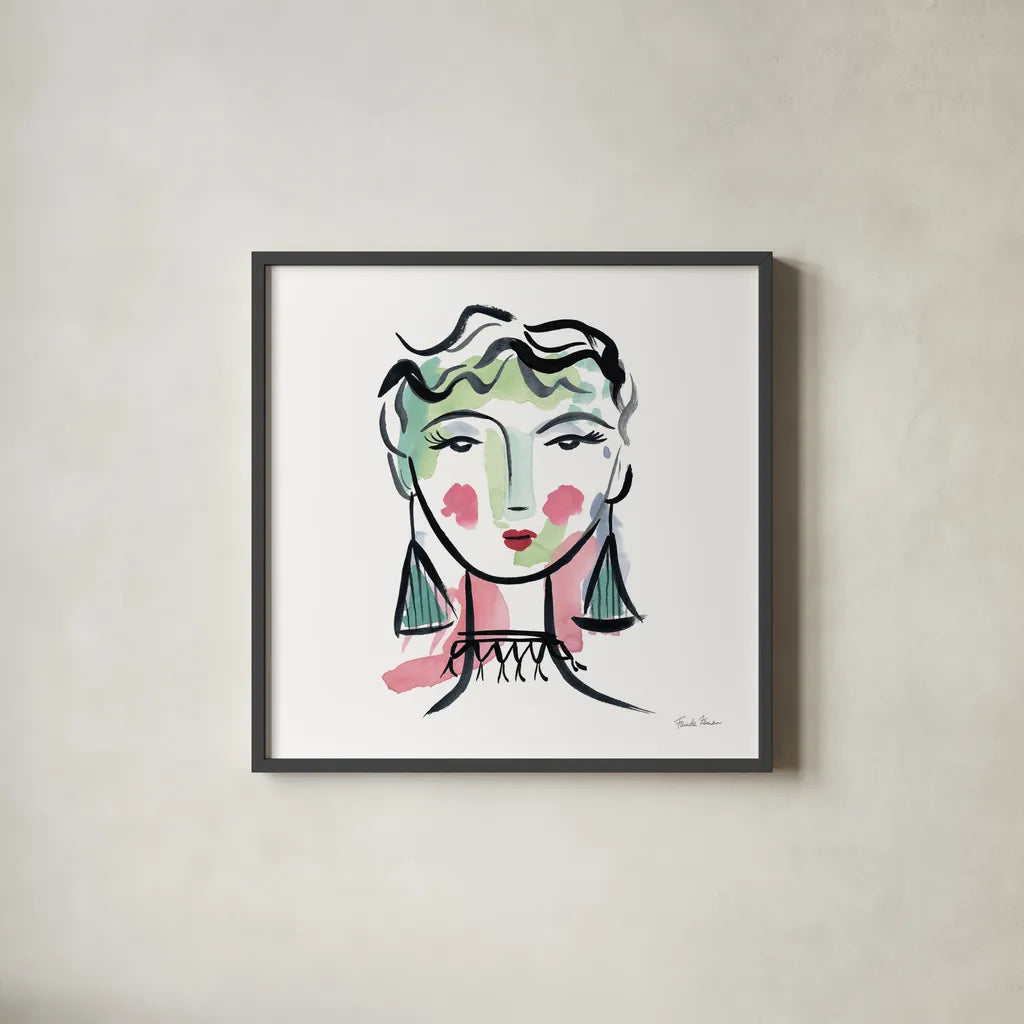 Pretty Faces III by Farida Zaman. Shown in a sleek black glass frame for a contemporary gallery look. Available as an archival giclee rolled canvas, fine art paper, or poster print. SKU 59732a.