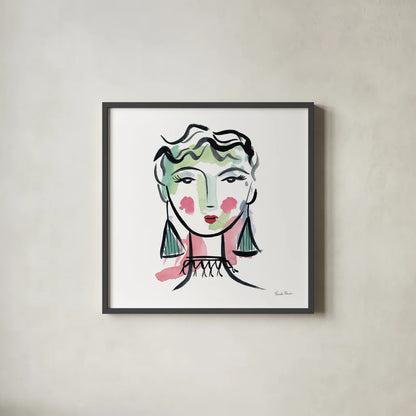 Pretty Faces III by Farida Zaman. Shown in a sleek black glass frame for a contemporary gallery look. Available as an archival giclee rolled canvas, fine art paper, or poster print. SKU 59732a.