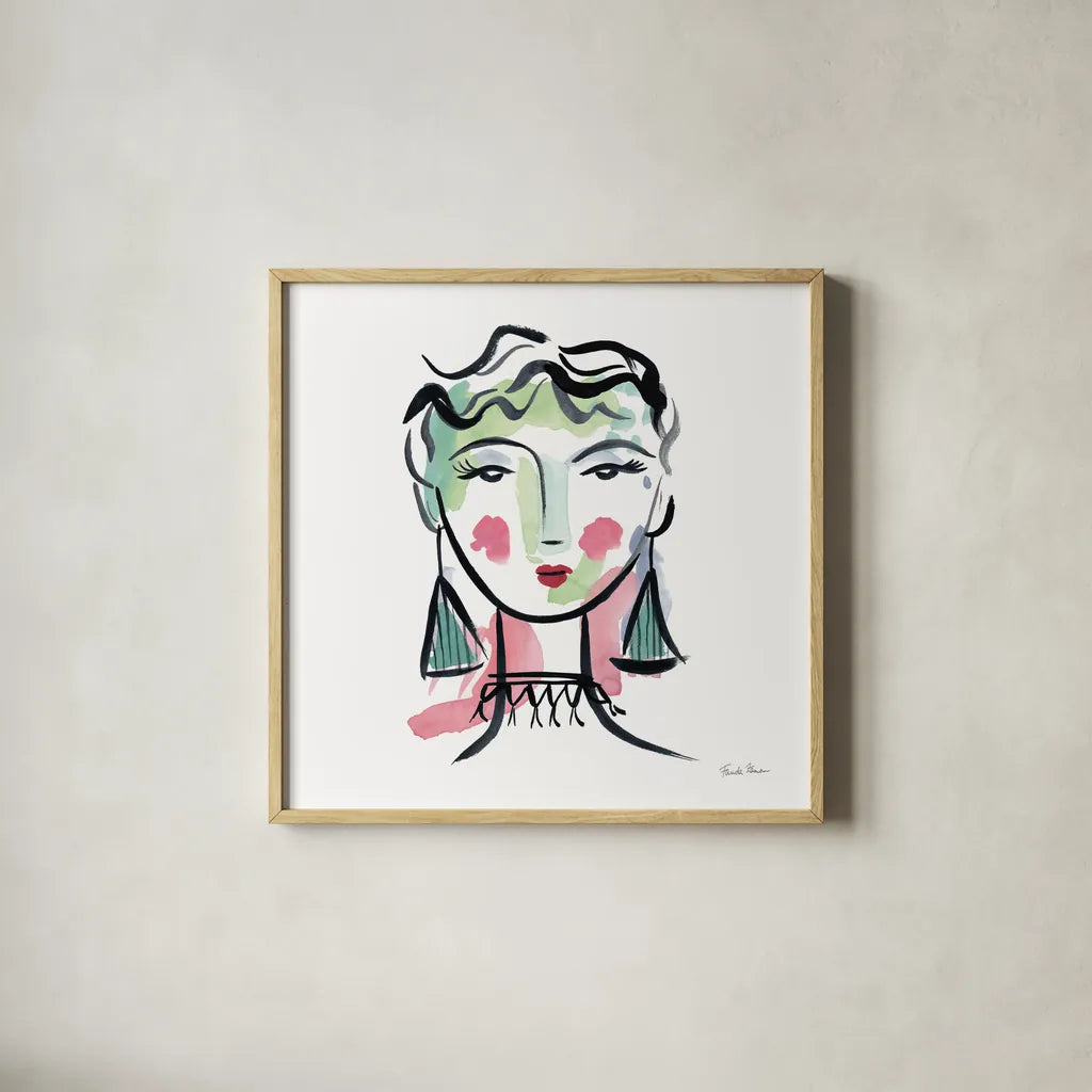 Pretty Faces III by Farida Zaman. Shown in a natural wood glass frame for a timeless modern aesthetic. Available as an archival giclee rolled canvas, fine art paper, or poster print. SKU 59732a.