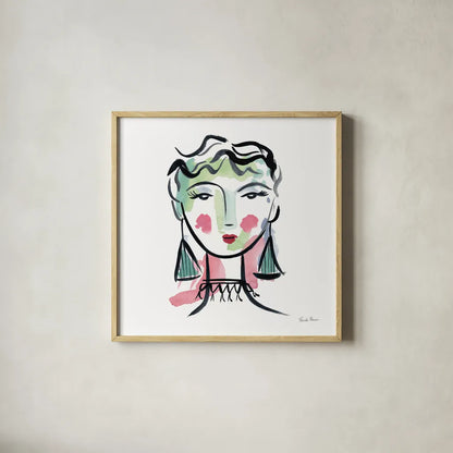 Pretty Faces III by Farida Zaman. Shown in a natural wood glass frame for a timeless modern aesthetic. Available as an archival giclee rolled canvas, fine art paper, or poster print. SKU 59732a.