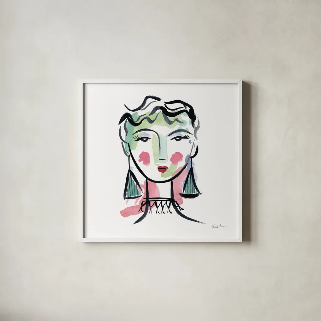 Pretty Faces III by Farida Zaman. Shown in a crisp white glass frame for a clean and minimalist style. Available as an archival giclee rolled canvas, fine art paper, or poster print. SKU 59732a.