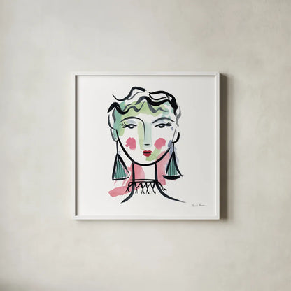 Pretty Faces III by Farida Zaman. Shown in a crisp white glass frame for a clean and minimalist style. Available as an archival giclee rolled canvas, fine art paper, or poster print. SKU 59732a.