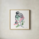Pretty Faces IV by Farida Zaman. Shown in a natural wood glass frame for a timeless modern aesthetic. Available as an archival giclee rolled canvas, fine art paper, or poster print. SKU 59733a.