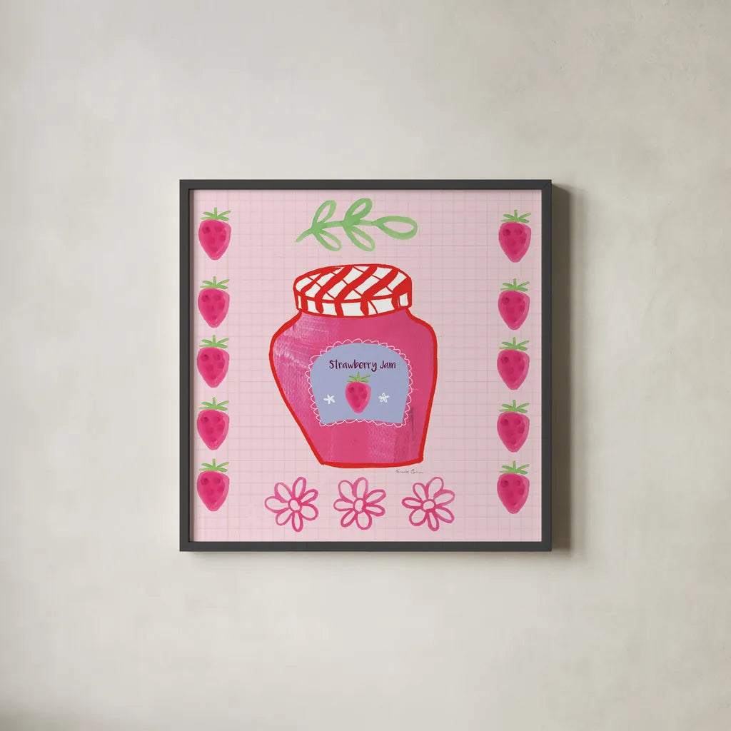 Pretty Jams and Jellies I by Farida Zaman. Shown in a sleek black glass frame for a contemporary gallery look. Available as an archival giclee rolled canvas, fine art paper, or poster print. SKU 47678a.