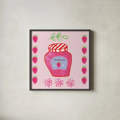 Pretty Jams and Jellies I by Farida Zaman. Shown in a sleek black glass frame for a contemporary gallery look. Available as an archival giclee rolled canvas, fine art paper, or poster print. SKU 47678a.