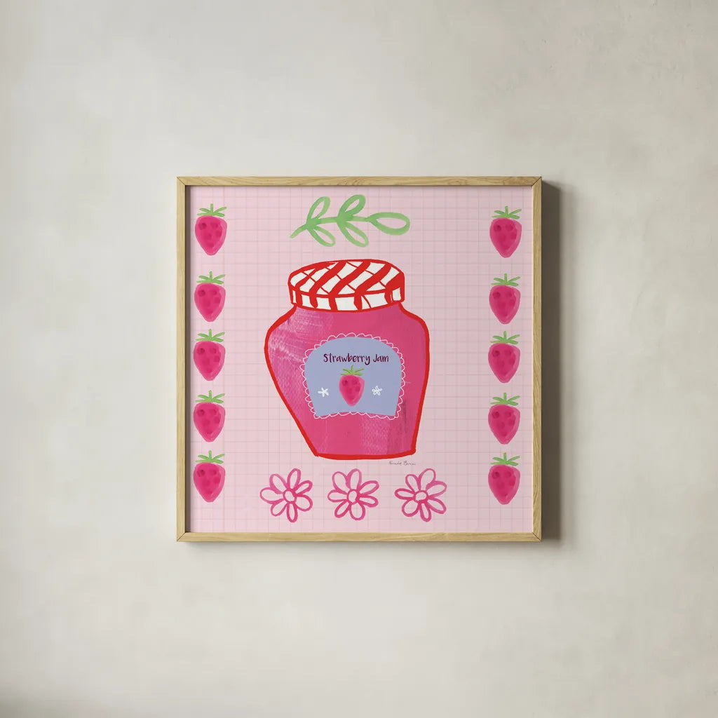 Pretty Jams and Jellies I by Farida Zaman. Shown in a natural wood glass frame for a timeless modern aesthetic. Available as an archival giclee rolled canvas, fine art paper, or poster print. SKU 47678a.