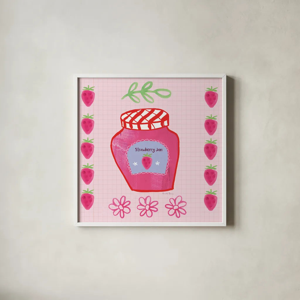 Pretty Jams and Jellies I by Farida Zaman. Shown in a crisp white glass frame for a clean and minimalist style. Available as an archival giclee rolled canvas, fine art paper, or poster print. SKU 47678a.