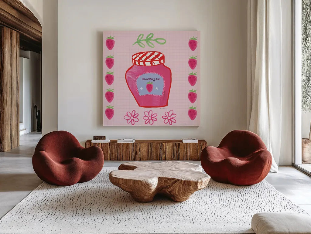 Pretty Jams and Jellies I by Farida Zaman. Shown as extra-large giant wall art in a modern living room. Available as an archival giclee rolled canvas, fine art paper, or poster print. SKU 47678a.