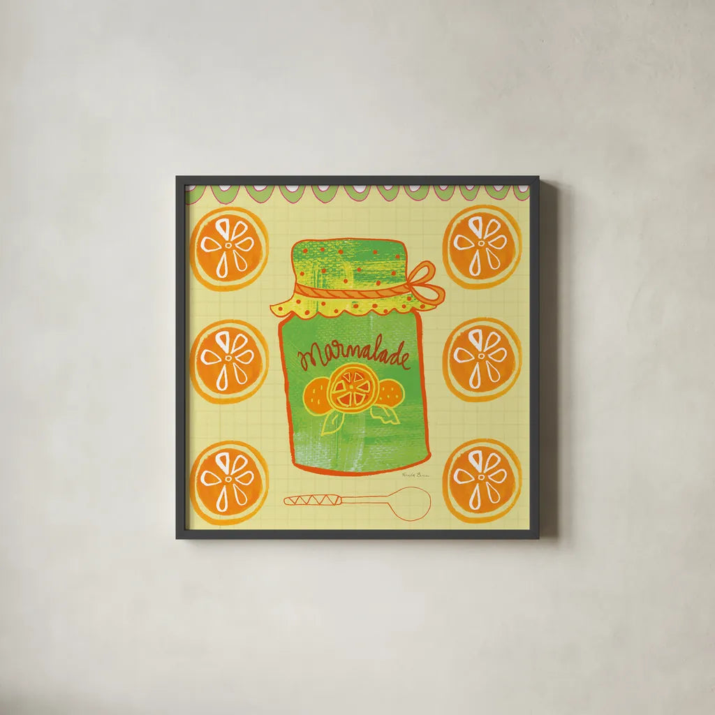 Pretty Jams and Jellies II by Farida Zaman. Shown in a sleek black glass frame for a contemporary gallery look. Available as an archival giclee rolled canvas, fine art paper, or poster print. SKU 47679a.