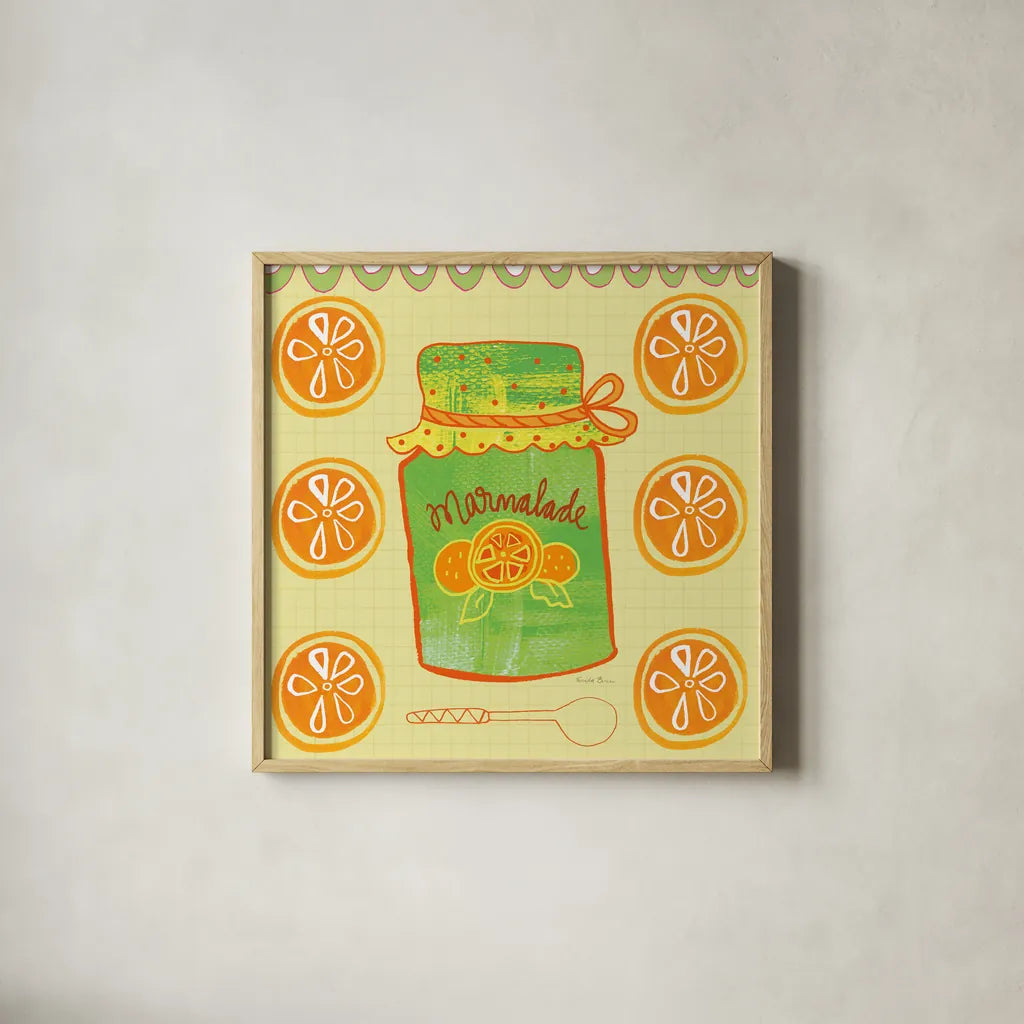 Pretty Jams and Jellies II by Farida Zaman. Shown in a natural wood glass frame for a timeless modern aesthetic. Available as an archival giclee rolled canvas, fine art paper, or poster print. SKU 47679a.