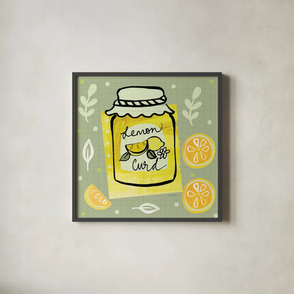 Pretty Jams and Jellies III by Farida Zaman. Shown in a sleek black glass frame for a contemporary gallery look. Available as an archival giclee rolled canvas, fine art paper, or poster print. SKU 47680a.