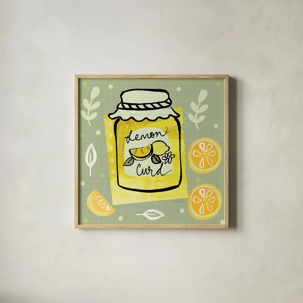 Pretty Jams and Jellies III by Farida Zaman. Shown in a natural wood glass frame for a timeless modern aesthetic. Available as an archival giclee rolled canvas, fine art paper, or poster print. SKU 47680a.