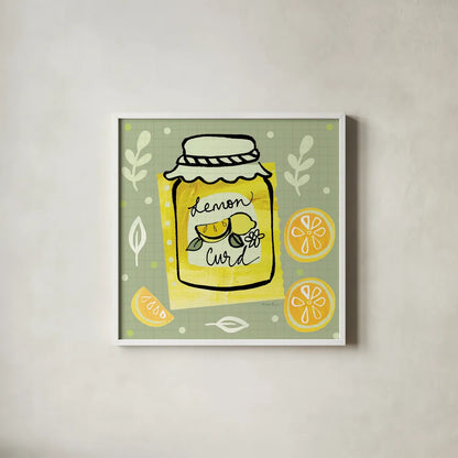 Pretty Jams and Jellies III by Farida Zaman. Shown in a crisp white glass frame for a clean and minimalist style. Available as an archival giclee rolled canvas, fine art paper, or poster print. SKU 47680a.