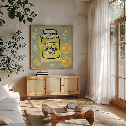 Pretty Jams and Jellies III by Farida Zaman. Shown in a natural wood frame in a cozy modern living room. Available as an archival giclee rolled canvas, fine art paper, or poster print. SKU 47680a.