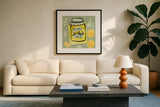 Pretty Jams and Jellies III by Farida Zaman. Displayed in a glass frame with matte in a clean modern living room. Available as an archival giclee rolled canvas, fine art paper, or poster print. SKU 47680a.
