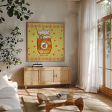 Pretty Jams and Jellies IV by Farida Zaman. Shown in a natural wood frame in a cozy modern living room. Available as an archival giclee rolled canvas, fine art paper, or poster print. SKU 47681a.