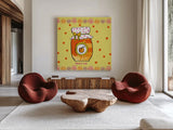 Pretty Jams and Jellies IV by Farida Zaman. Shown as extra-large giant wall art in a modern living room. Available as an archival giclee rolled canvas, fine art paper, or poster print. SKU 47681a.