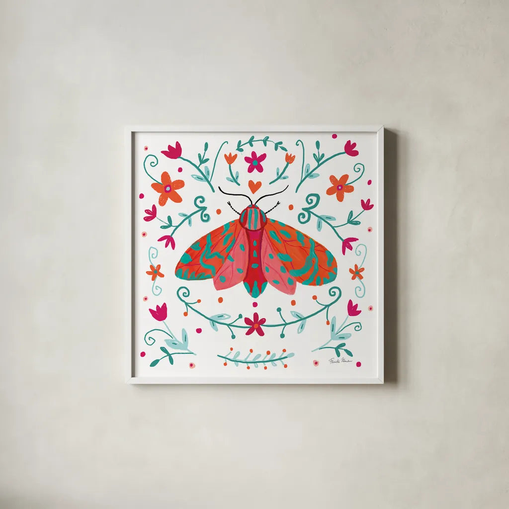 Pretty Moth by Farida Zaman. Shown in a crisp white glass frame for a clean and minimalist style. Available as an archival giclee rolled canvas, fine art paper, or poster print. SKU 77954a.