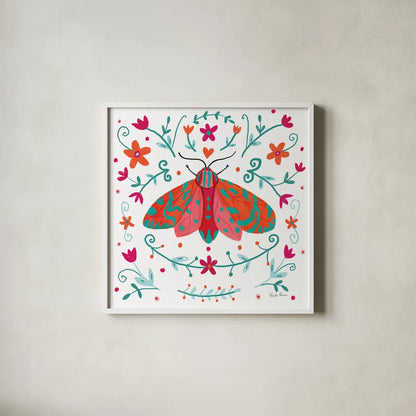 Pretty Moth by Farida Zaman. Shown in a crisp white glass frame for a clean and minimalist style. Available as an archival giclee rolled canvas, fine art paper, or poster print. SKU 77954a.