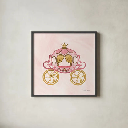 Pretty Princess Carriage by Farida Zaman. Shown in a sleek black glass frame for a contemporary gallery look. Available as an archival giclee rolled canvas, fine art paper, or poster print. SKU 90005a.