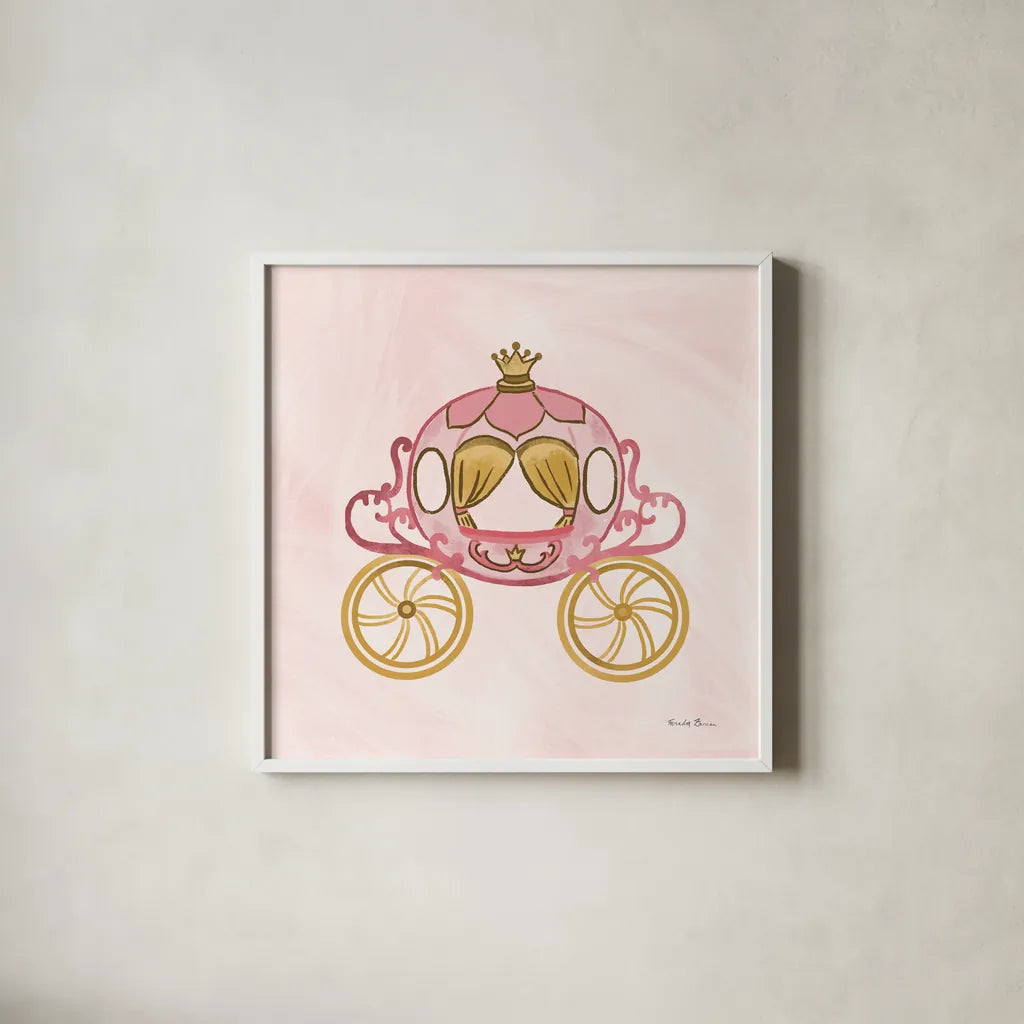 Pretty Princess Carriage by Farida Zaman. Shown in a crisp white glass frame for a clean and minimalist style. Available as an archival giclee rolled canvas, fine art paper, or poster print. SKU 90005a.