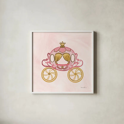 Pretty Princess Carriage by Farida Zaman. Shown in a crisp white glass frame for a clean and minimalist style. Available as an archival giclee rolled canvas, fine art paper, or poster print. SKU 90005a.