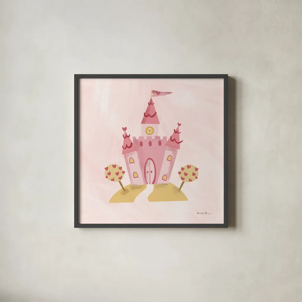 Pretty Princess Castle by Farida Zaman. Shown in a sleek black glass frame for a contemporary gallery look. Available as an archival giclee rolled canvas, fine art paper, or poster print. SKU 90003a.