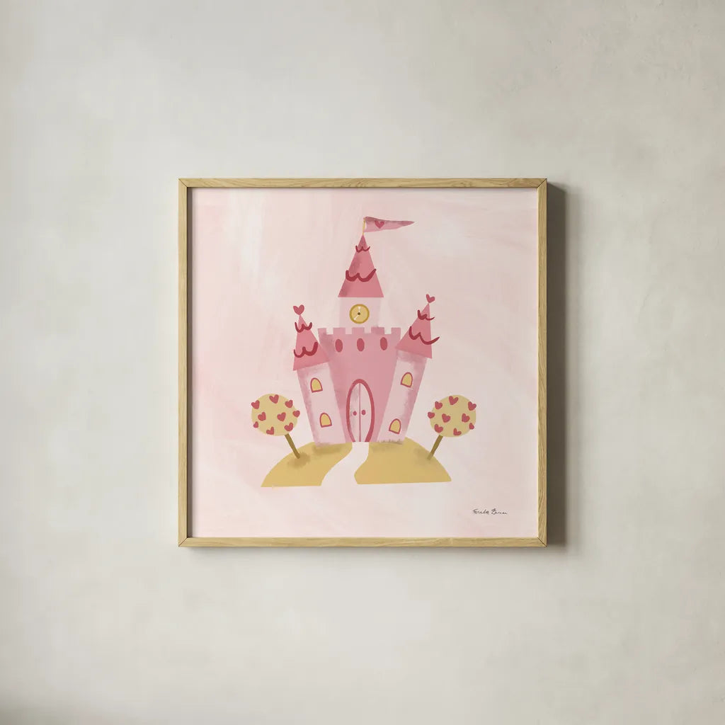 Pretty Princess Castle by Farida Zaman. Shown in a natural wood glass frame for a timeless modern aesthetic. Available as an archival giclee rolled canvas, fine art paper, or poster print. SKU 90003a.