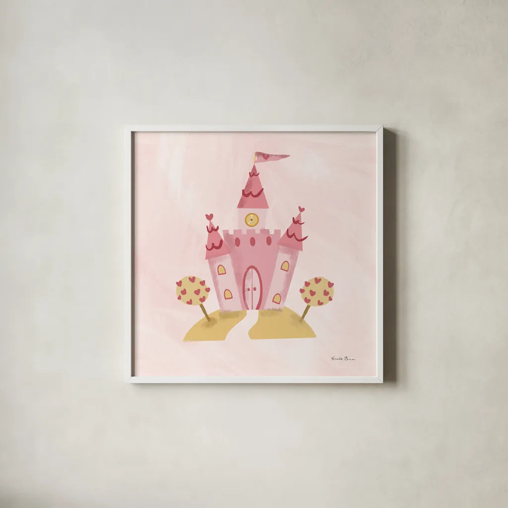 Pretty Princess Castle by Farida Zaman. Shown in a crisp white glass frame for a clean and minimalist style. Available as an archival giclee rolled canvas, fine art paper, or poster print. SKU 90003a.