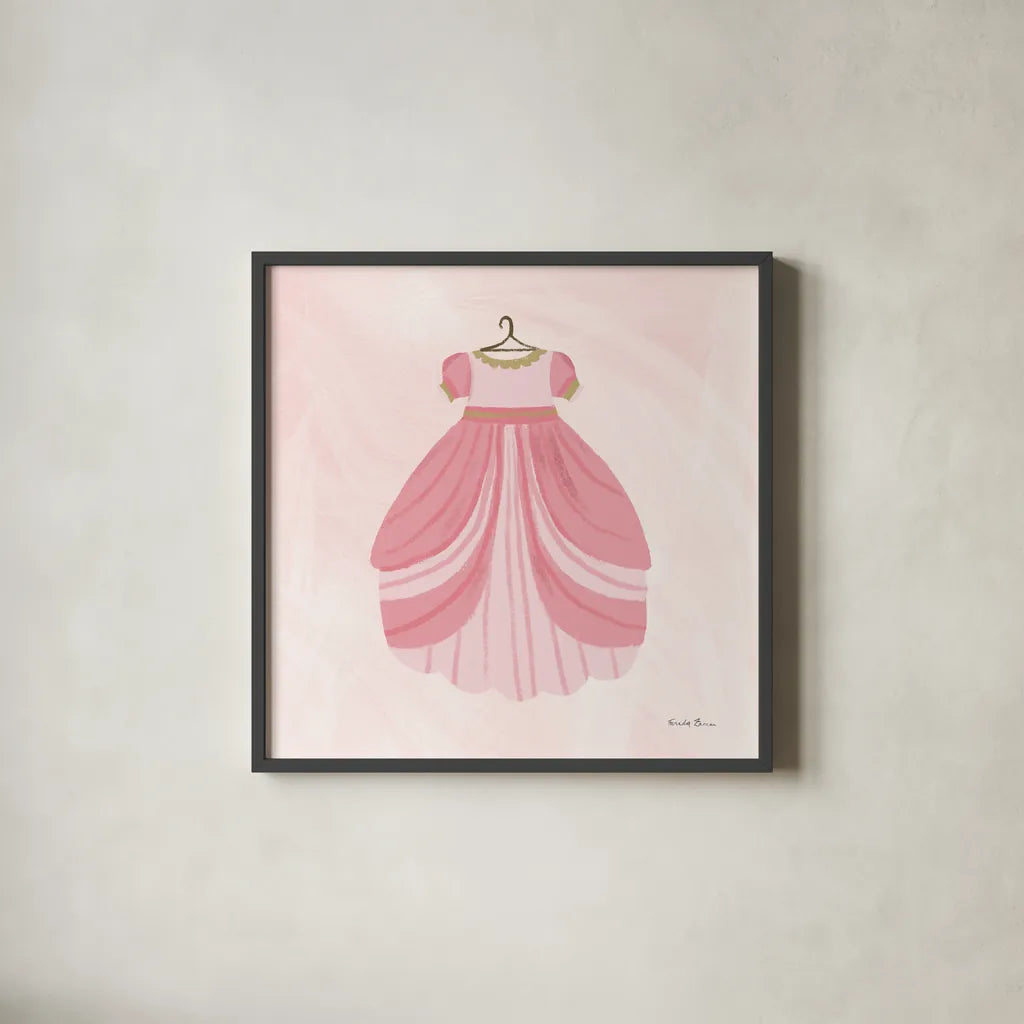 Pretty Princess Dress by Farida Zaman. Shown in a sleek black glass frame for a contemporary gallery look. Available as an archival giclee rolled canvas, fine art paper, or poster print. SKU 90004a.