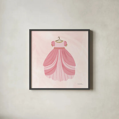 Pretty Princess Dress by Farida Zaman. Shown in a sleek black glass frame for a contemporary gallery look. Available as an archival giclee rolled canvas, fine art paper, or poster print. SKU 90004a.