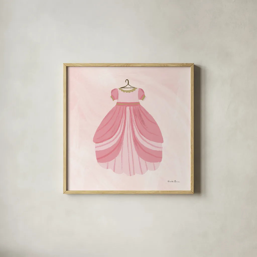 Pretty Princess Dress by Farida Zaman. Shown in a natural wood glass frame for a timeless modern aesthetic. Available as an archival giclee rolled canvas, fine art paper, or poster print. SKU 90004a.