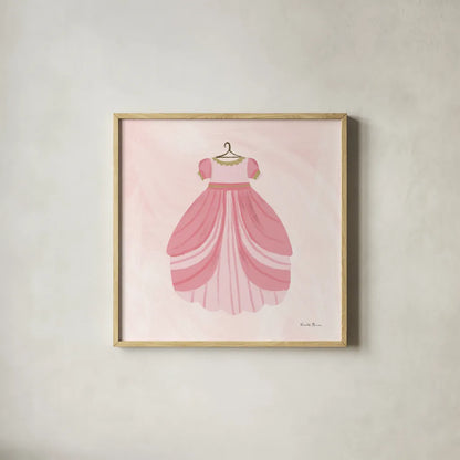 Pretty Princess Dress by Farida Zaman. Shown in a natural wood glass frame for a timeless modern aesthetic. Available as an archival giclee rolled canvas, fine art paper, or poster print. SKU 90004a.