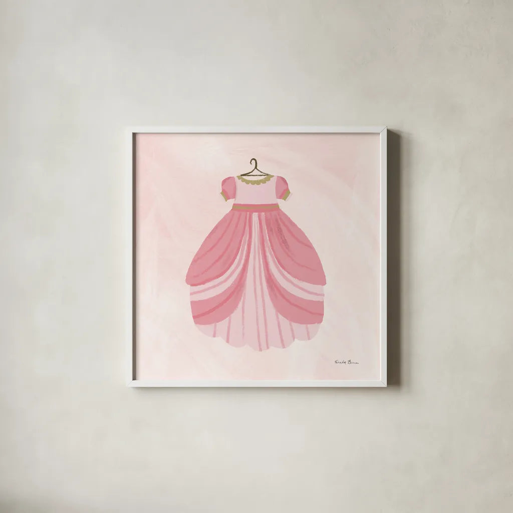 Pretty Princess Dress by Farida Zaman. Shown in a crisp white glass frame for a clean and minimalist style. Available as an archival giclee rolled canvas, fine art paper, or poster print. SKU 90004a.