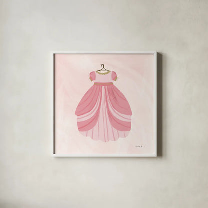 Pretty Princess Dress by Farida Zaman. Shown in a crisp white glass frame for a clean and minimalist style. Available as an archival giclee rolled canvas, fine art paper, or poster print. SKU 90004a.