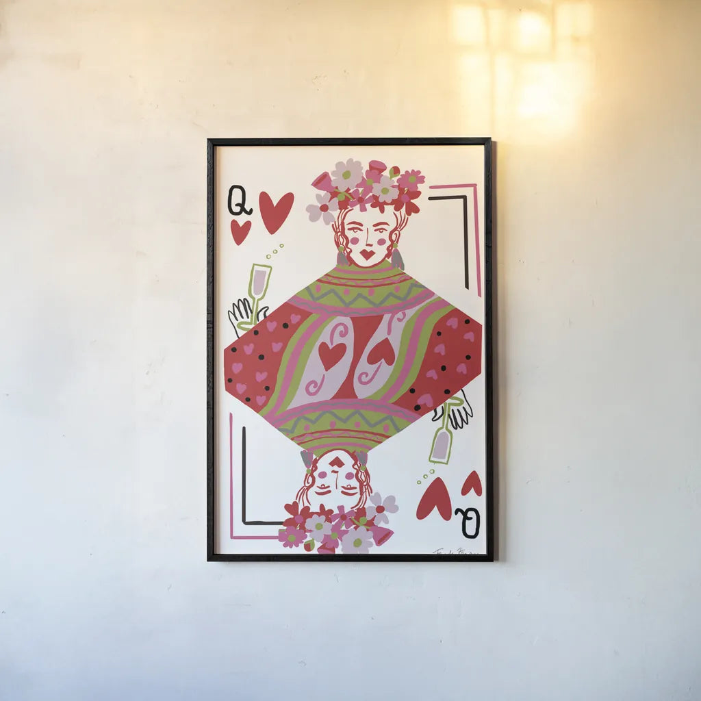 Queen of Hearts by Farida Zaman. shown as a paper print in a black flame. Available as a archival giclee rolled canvas, fine art paper, or poster print. SKU 91524h.