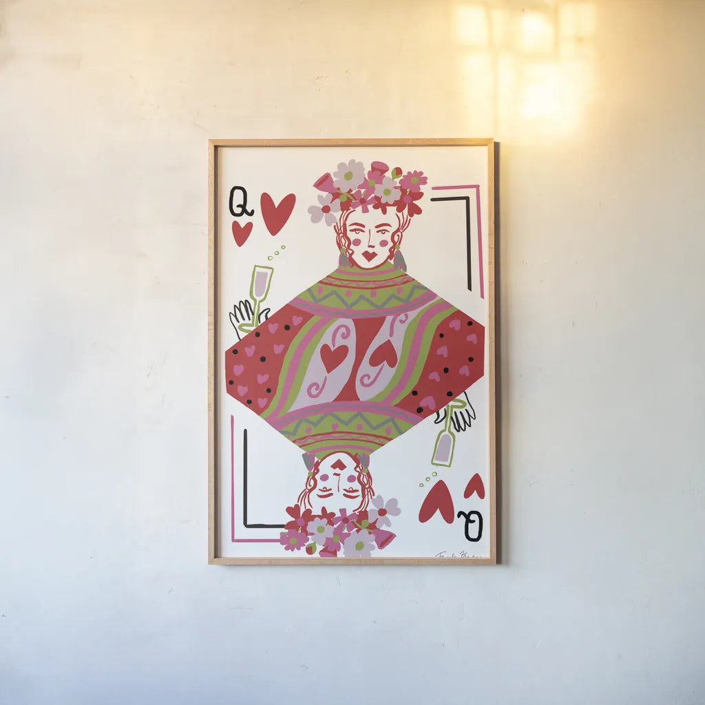 Queen of Hearts by Farida Zaman. shown as a paper print in a natural frame. Available as a archival giclee rolled canvas, fine art paper, or poster print. SKU 91524h.