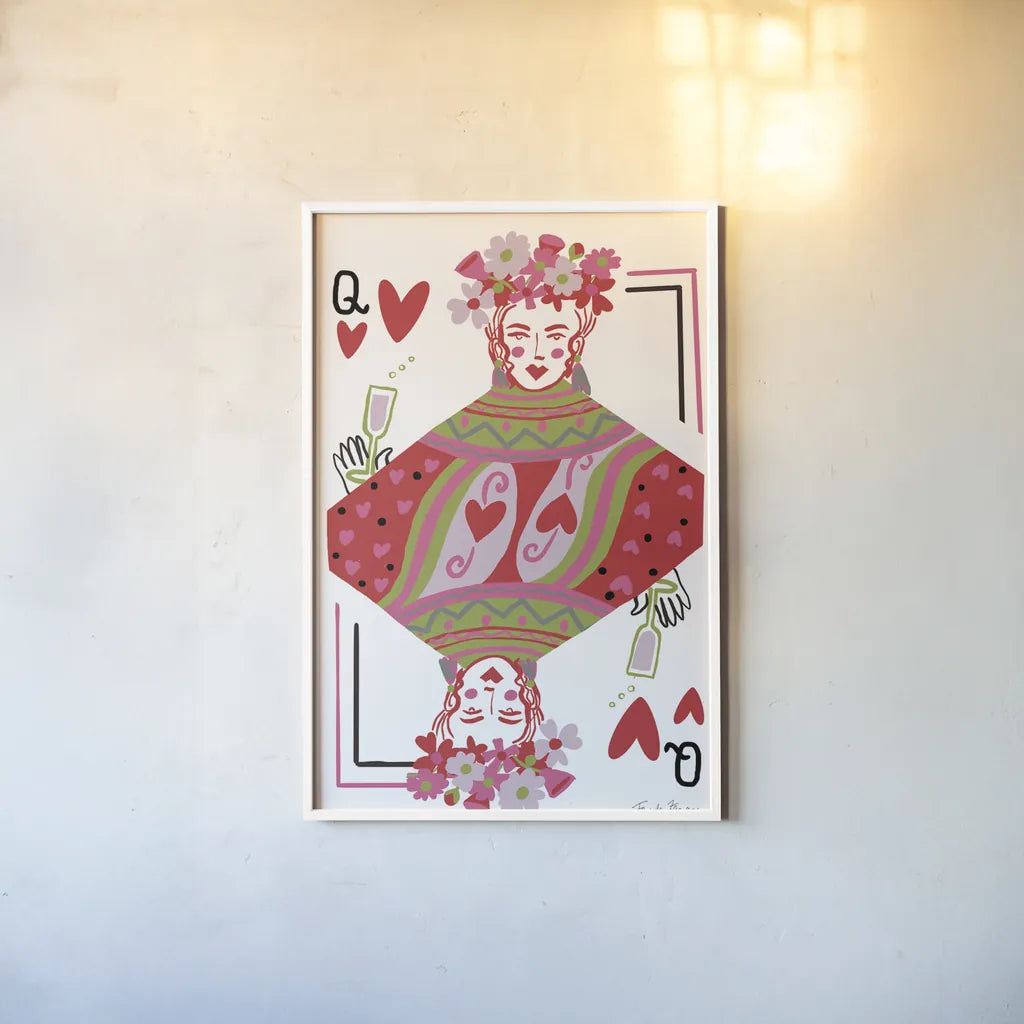 Queen of Hearts by Farida Zaman. shown as a paper print in a white frame. Available as a archival giclee rolled canvas, fine art paper, or poster print. SKU 91524h.