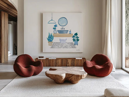 Relax I  by Farida Zaman. Shown as extra-large giant wall art in a modern living room. Available as an archival giclee rolled canvas, fine art paper, or poster print. SKU 62671a.