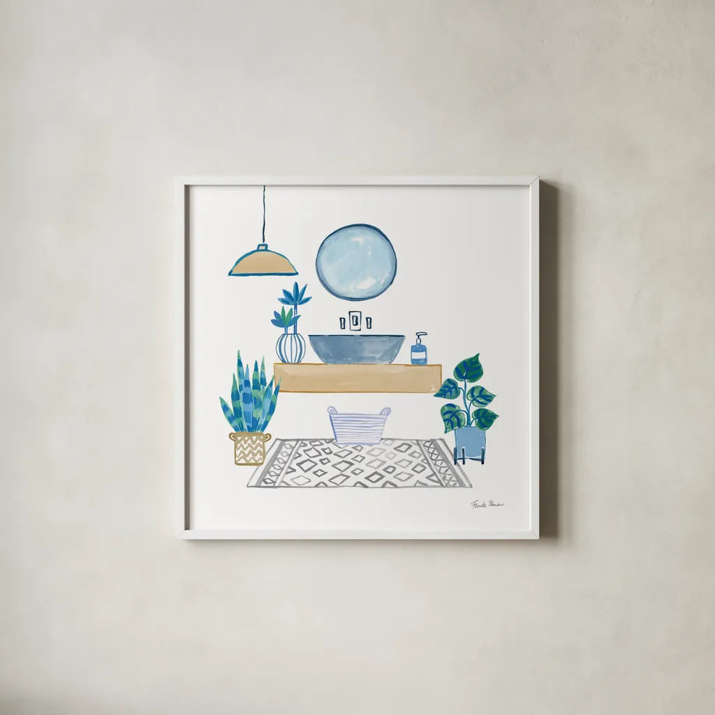 Relax I Tan by Farida Zaman. Shown in a crisp white glass frame for a clean and minimalist style. Available as an archival giclee rolled canvas, fine art paper, or poster print. SKU 64791a.