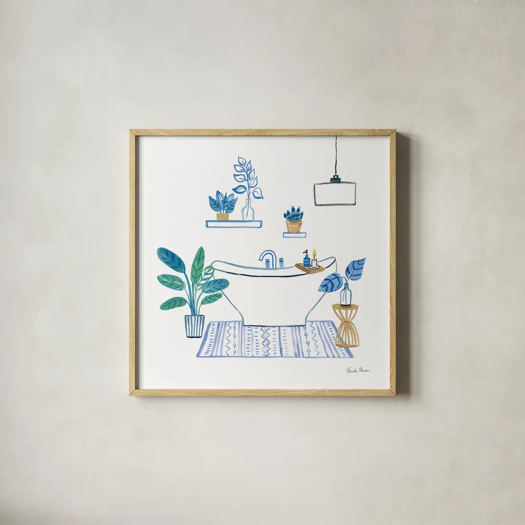 Relax II by Farida Zaman. Shown in a natural wood glass frame for a timeless modern aesthetic. Available as an archival giclee rolled canvas, fine art paper, or poster print. SKU 62672a.